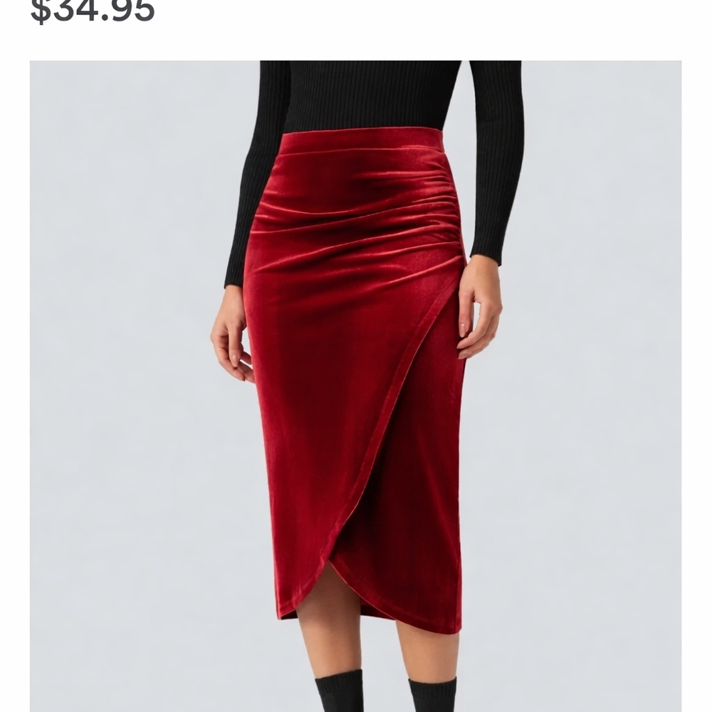 HALARA Red Velvet Wrap Midi Skirt